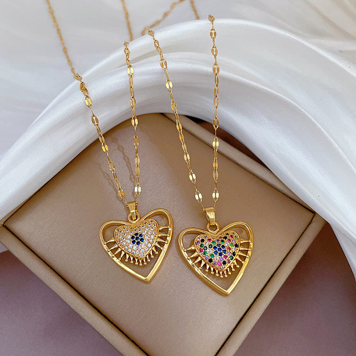 Ethnic Style Heart Shape Eye Stainless Steel Copper Plating Hollow Out Inlay Zircon Pendant Necklace