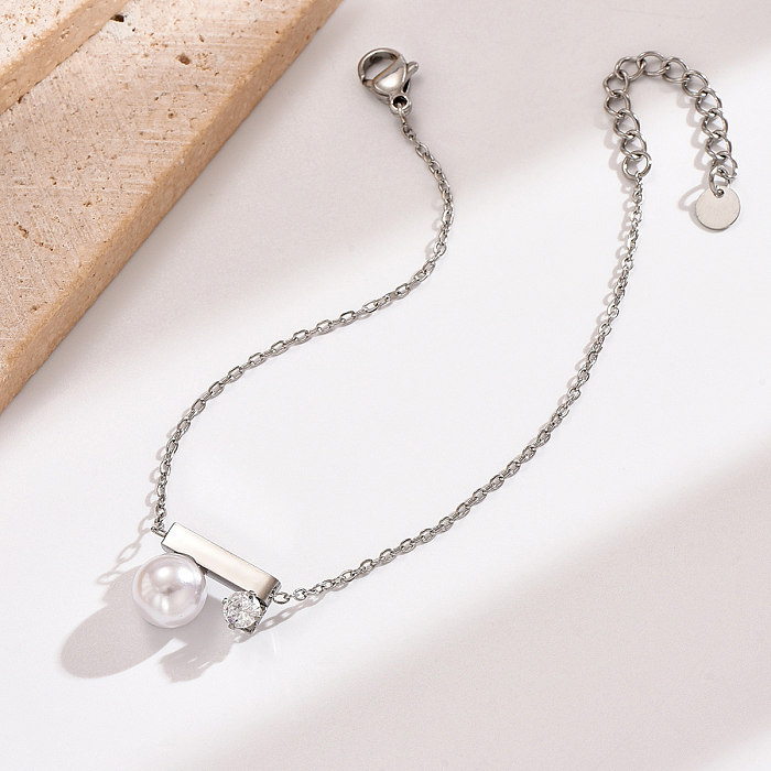 Bracelets rectangulaires en acier inoxydable, Style coréen Simple, incrustation de perles artificielles en Zircon plaqué or 14K