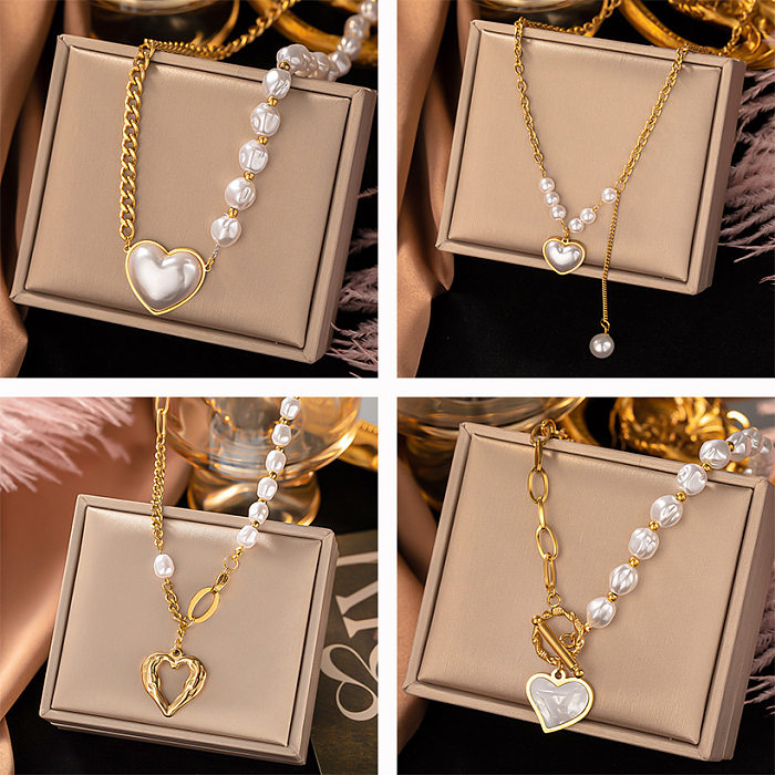 Fashion Heart Shape Stainless Steel Beaded Plating Inlay Pearl Shell Pendant Necklace 1 Piece