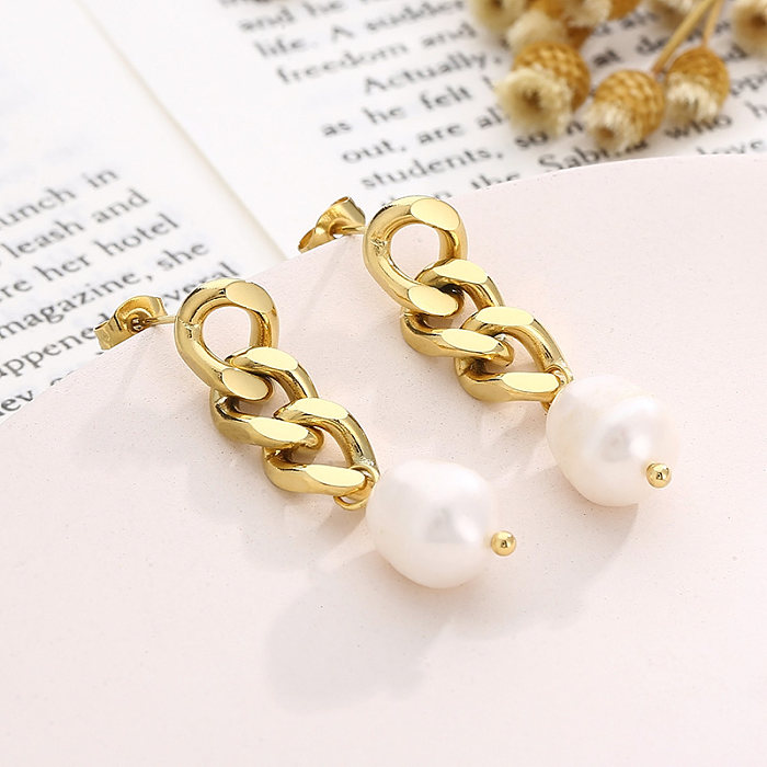 1 Pair Modern Style Simple Style Chain Pearl Plating Stainless Steel  18K Gold Plated Drop Earrings