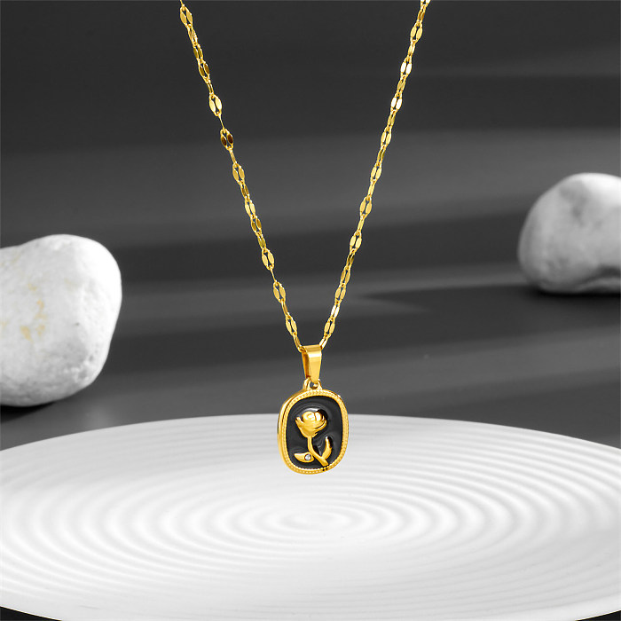 Hip-Hop Vintage Style Flower Stainless Steel Enamel Plating Inlay Zircon 18K Gold Plated Pendant Necklace