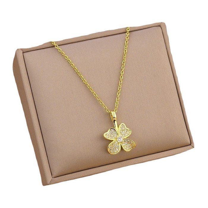 Fashion Geometric Four Leaf Clover Stainless Steel Inlaid Zircon Necklace