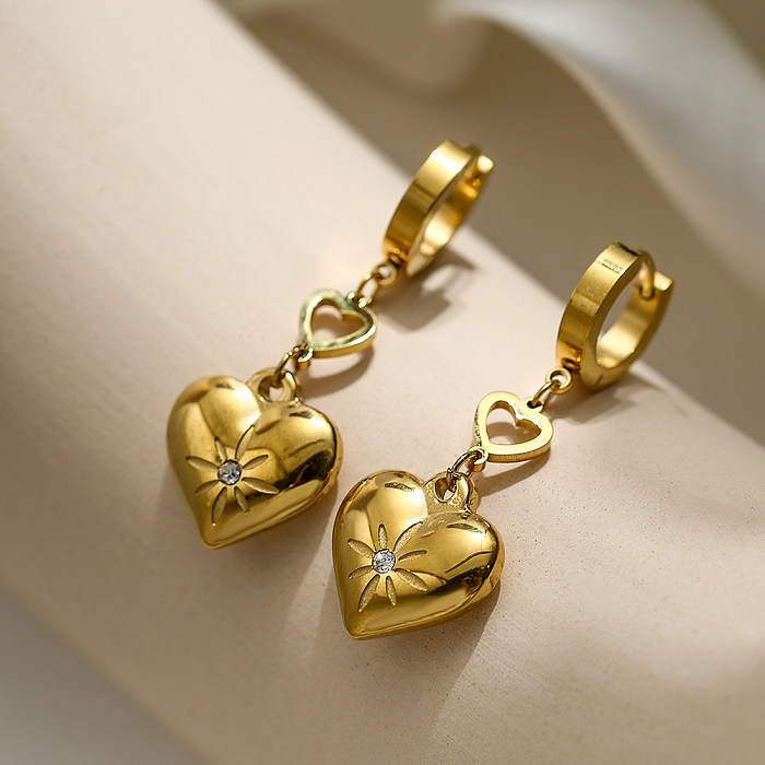 1 Pair Simple Style Commute Heart Shape Plating Inlay Stainless Steel Zircon 18K Gold Plated Drop Earrings