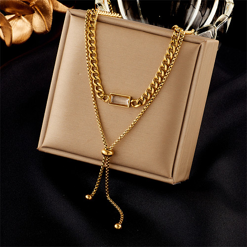 Elegante streetwear retângulo chapeamento de aço inoxidável strass embutidos colares em camadas banhados a ouro 18K