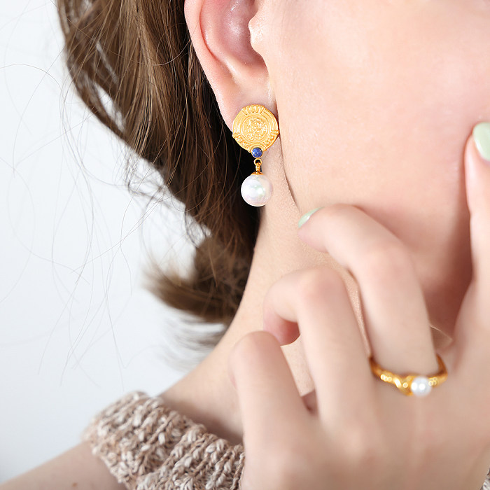 1 Paar elegante runde Ohrhänger im IG-Stil mit Inlay aus Edelstahl, Glasperlen und Perlen, 18 Karat vergoldet