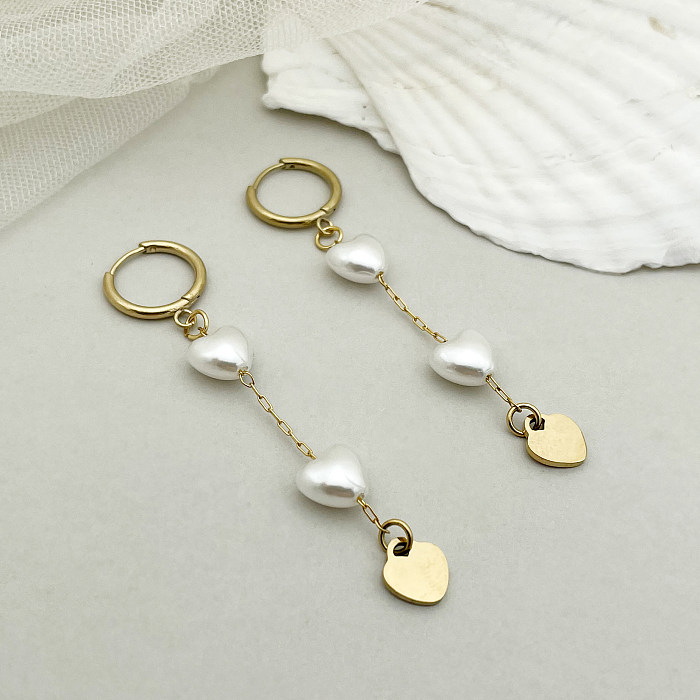 Boucles d'oreilles pendantes en forme de cœur, 1 paire, en acier inoxydable, Imitation perle, placage de polissage, plaqué or