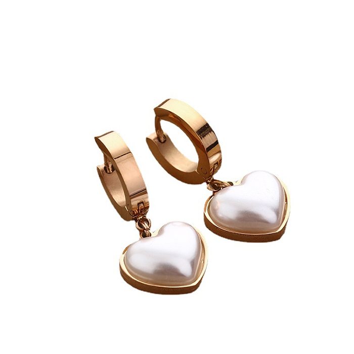 Modische Herzform-Ohrringe aus Edelstahl mit Intarsien-Perle, 1 Paar