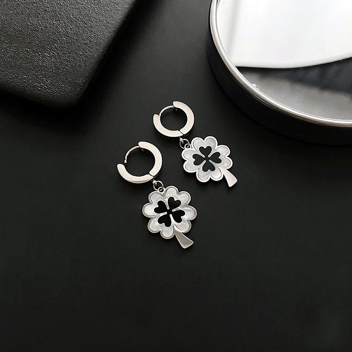 Fashion Four Leaf Clover Stainless Steel Plating Inlay Shell Drop Earrings 1 Pair