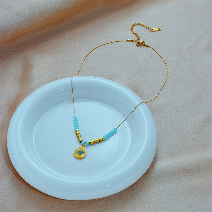 Collier avec pendentif en forme de gouttelettes d'eau, en acier inoxydable, plaqué émail perlé, plaqué or 18 carats