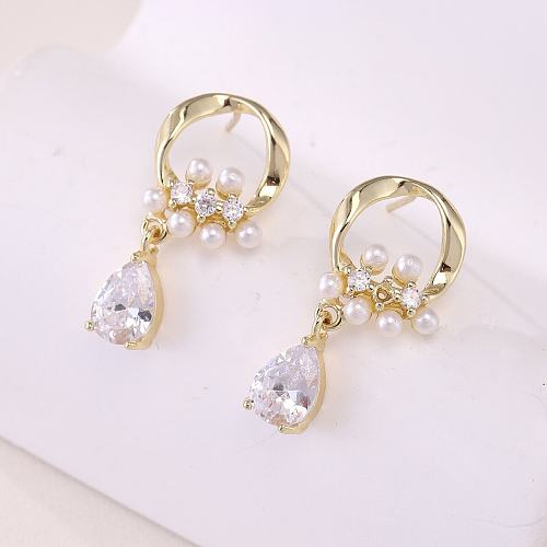 Boucles d'oreilles pendantes en Zircon, 1 paire, Style Simple, incrustation géométrique de Style coréen, perles artificielles en acier inoxydable