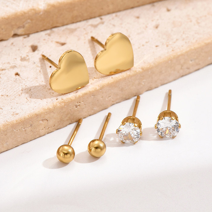 3 Pairs Elegant Simple Style Heart Shape Plating Inlay Stainless Steel  Zircon 14K Gold Plated Ear Studs