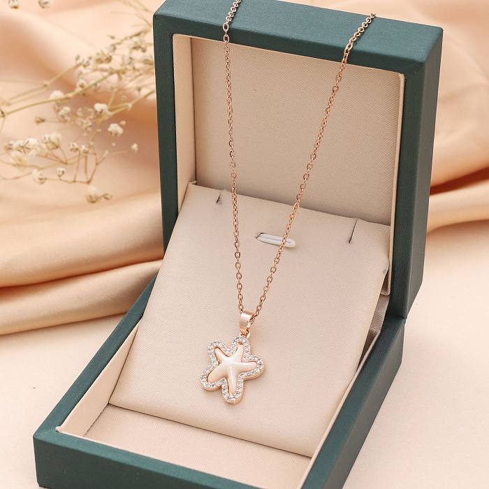 Fashion Starfish Stainless Steel Inlay Artificial Pearls Rhinestones Pendant Necklace