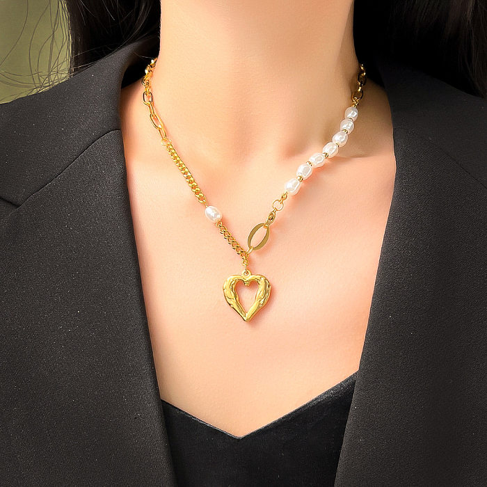 Mode coeur forme acier inoxydable perlé placage incrustation perle coquille pendentif collier 1 pièce