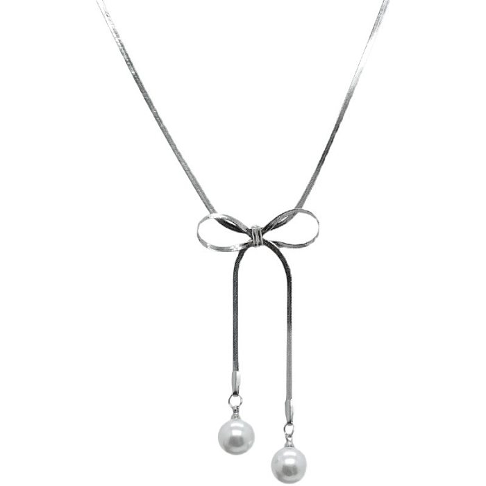 Elegant Sweet Bow Knot Stainless Steel Inlay Artificial Pearls Necklace