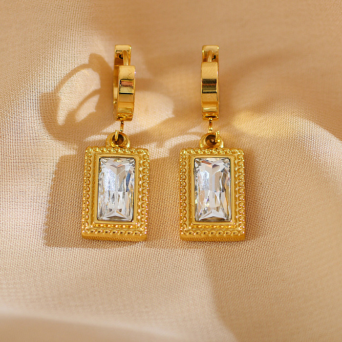 1 Pair Elegant French Style Rectangle Inlay Stainless Steel  Zircon Drop Earrings