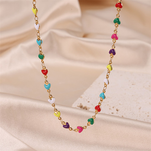 Princess Cute Commute Heart Shape Stainless Steel  Enamel Plating 18K Gold Plated Necklace