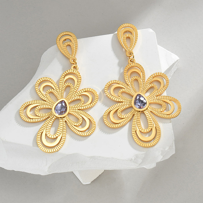 1 Pair Elegant Flower Plating Inlay Stainless Steel  Zircon 18K Gold Plated Drop Earrings