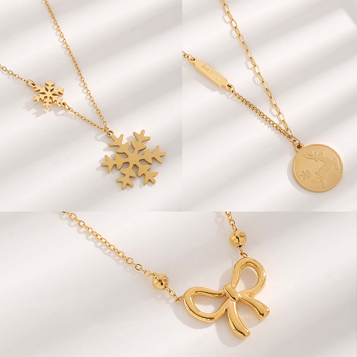 Luxurious Simple Style Bow Knot Snowflake Elk Stainless Steel Plating Inlay Zircon Gold Plated Pendant Necklace