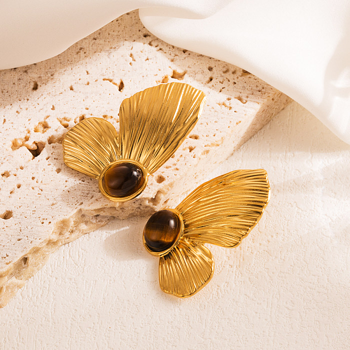 Boucles d'oreilles rétro demi-cercle fleur papillon, 1 paire, incrustation de placage en acier inoxydable, pierre naturelle plaquée or 18 carats, clous d'oreilles