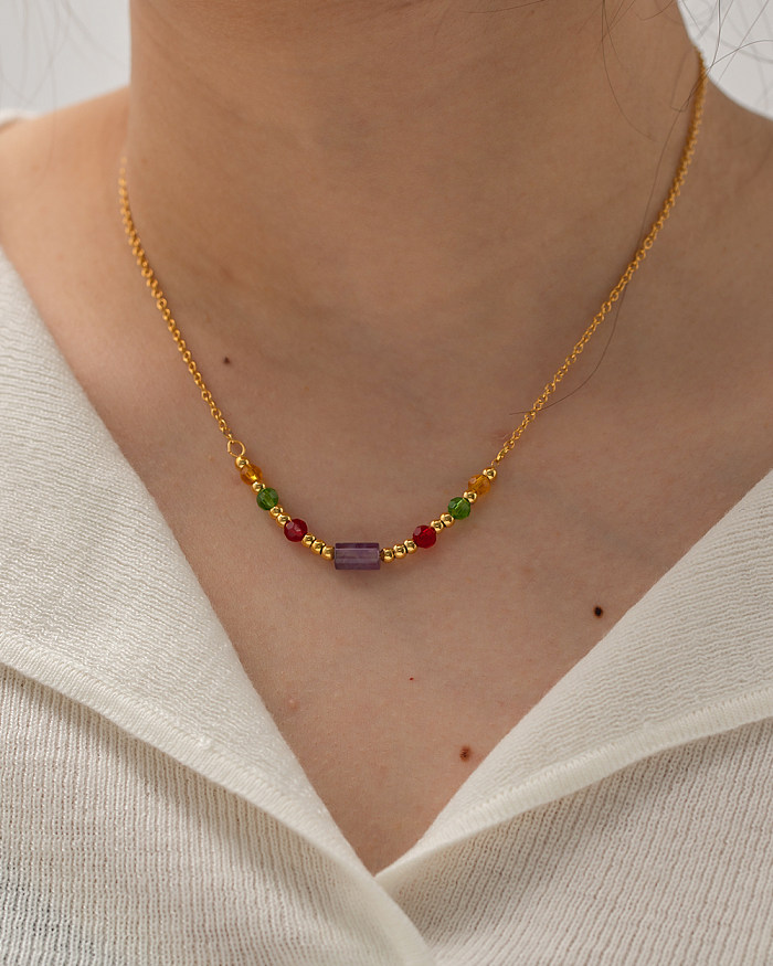 Wholesale Simple Style Multicolor Stainless Steel  Beaded 18K Gold Plated Necklace