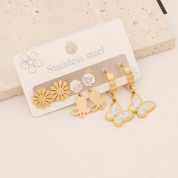 1 Set Fashion Heart Shape Stainless Steel  Plating Artificial Diamond Earrings