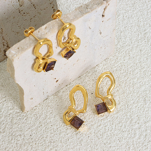 1 Paar elegante, luxuriöse Damen-Tropfenohrringe mit geometrischer, asymmetrischer Beschichtung und Inlay aus Edelstahl mit Zirkon und 18 Karat Gold