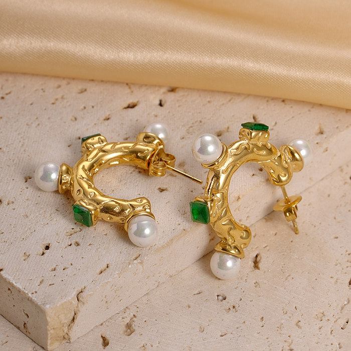 1 Pair Modern Style C Shape Plating Inlay Stainless Steel  Artificial Pearls Zircon Gold Plated Earrings