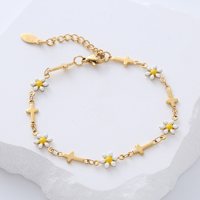 Estilo simples cruz flor aço inoxidável retalhos esmalte banhado a ouro pulseiras 1 peça