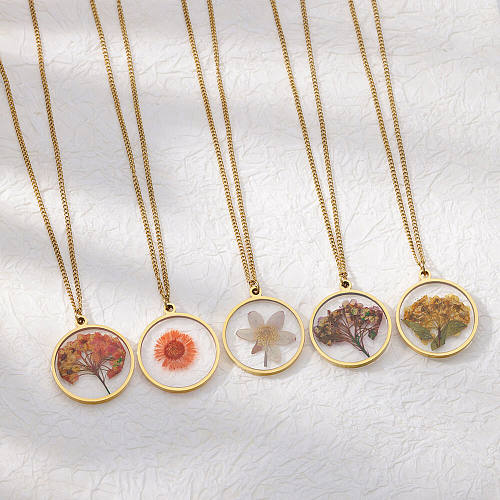 1 Piece Retro Round Flower Stainless Steel  Inlaid Resin Pendant Necklace