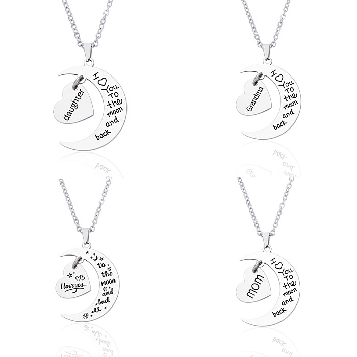 Simple Style Letter Moon Heart Shape Stainless Steel  Carving Pendant Necklace