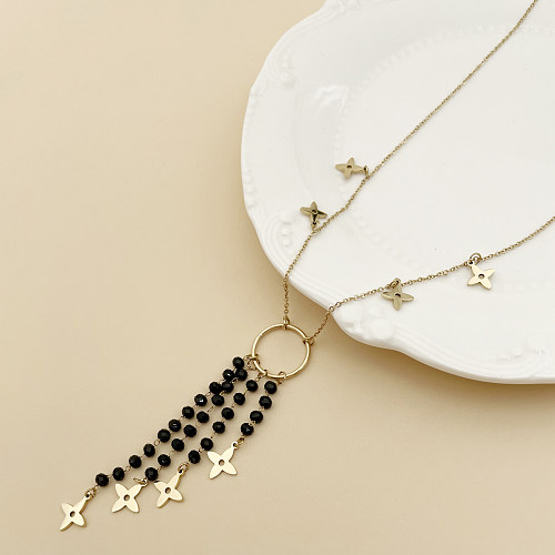 Halskette mit Anhänger im nordischen Stil, Retro-Stil, vierblättriges Kleeblatt, Edelstahl, Perlenbeschichtung, vergoldet