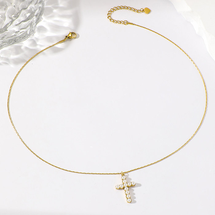 Basic Modern Style Cross Stainless Steel  Plating Inlay Artificial Pearls 18K Gold Plated Pendant Necklace
