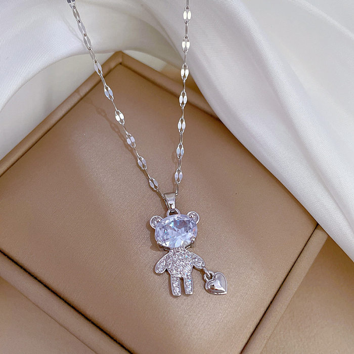 Cartoon Style Bear Heart Shape Stainless Steel Copper Inlay Rhinestones Pendant Necklace
