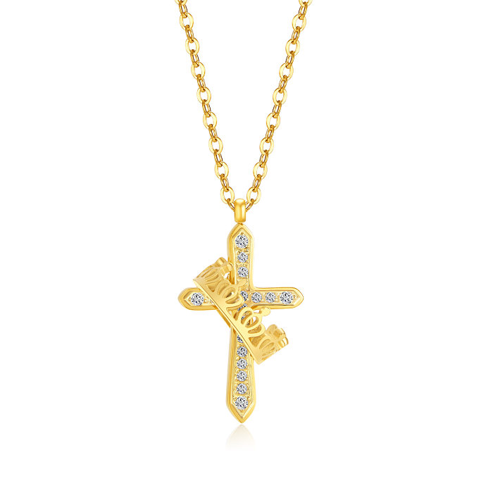 Elegant French Style Cross Crown Stainless Steel Pendant Necklace In Bulk