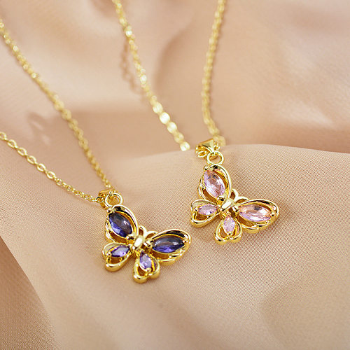 Casual Elegant Vacation Butterfly Steel Hollow Out Inlay Zircon Pendant Necklace
