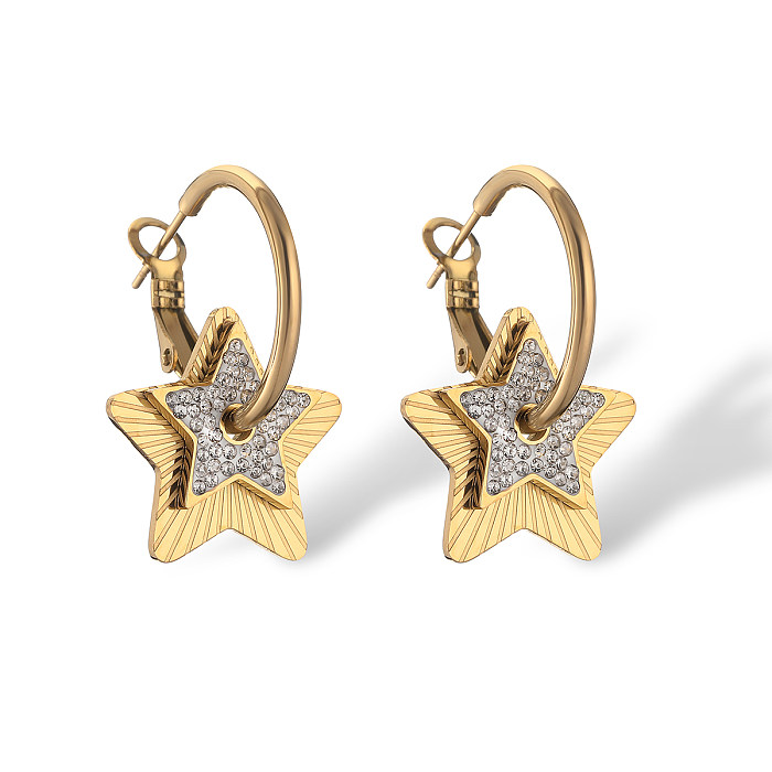 1 Pair Vintage Style Simple Style Commute Pentagram Heart Shape Plating Inlay Stainless Steel Zircon 18K Gold Plated Hoop Earrings