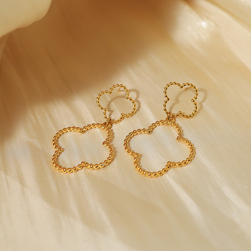1 paire de boucles d'oreilles pendantes en acier inoxydable plaqué or 18 carats style IG vacances style français trèfle à quatre feuilles