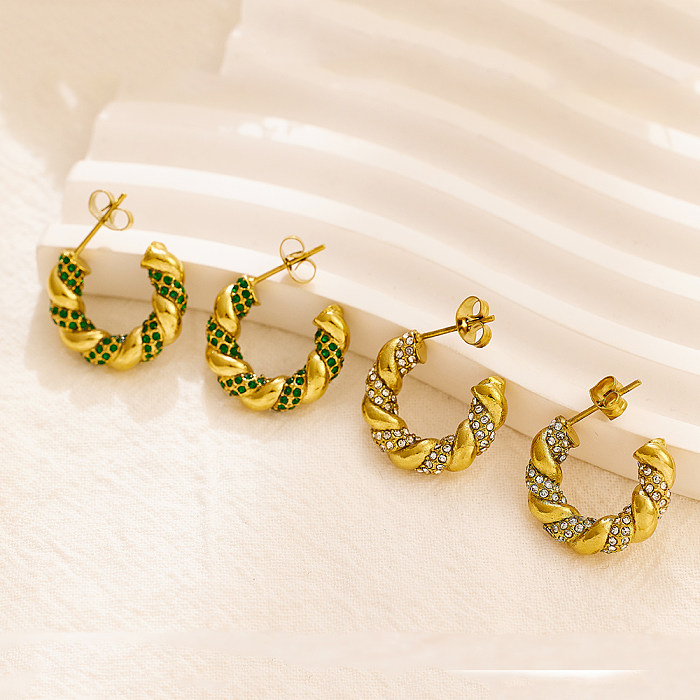 1 Paar elegante, luxuriöse C-förmige Twist-Plating-Inlay-Ohrstecker aus Edelstahl mit Zirkon und vergoldet