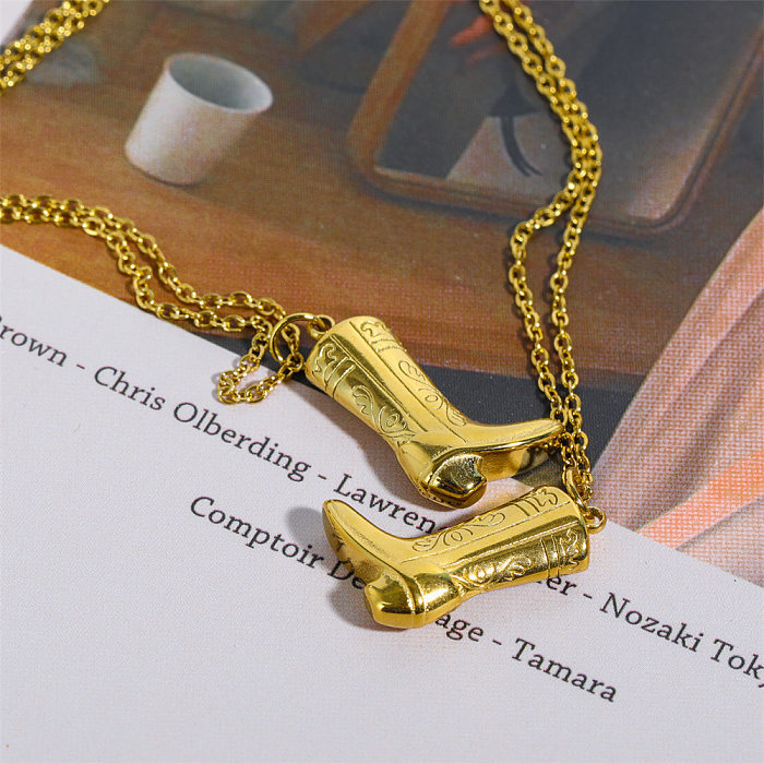 Retro Preppy Style Roman Style Boots Stainless Steel Plating 18K Gold Plated Pendant Necklace