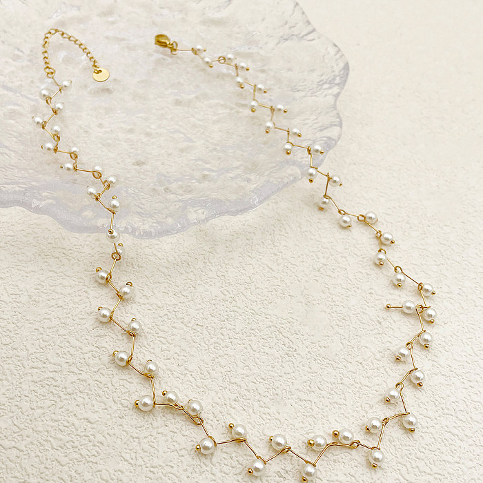 Collier plaqué or avec incrustation de perles rondes en acier inoxydable, élégant, doux et simple