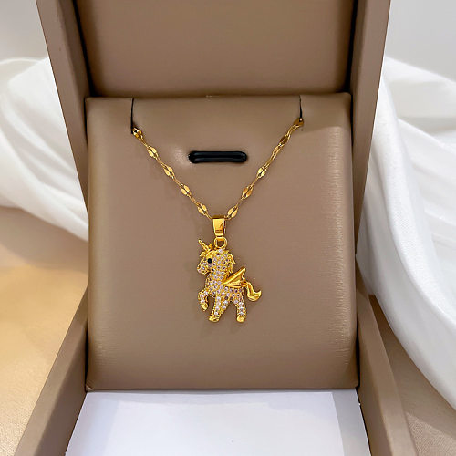 Modische Einhorn-Halskette mit Anhänger aus Edelstahl und Kupfer mit künstlichem Diamant