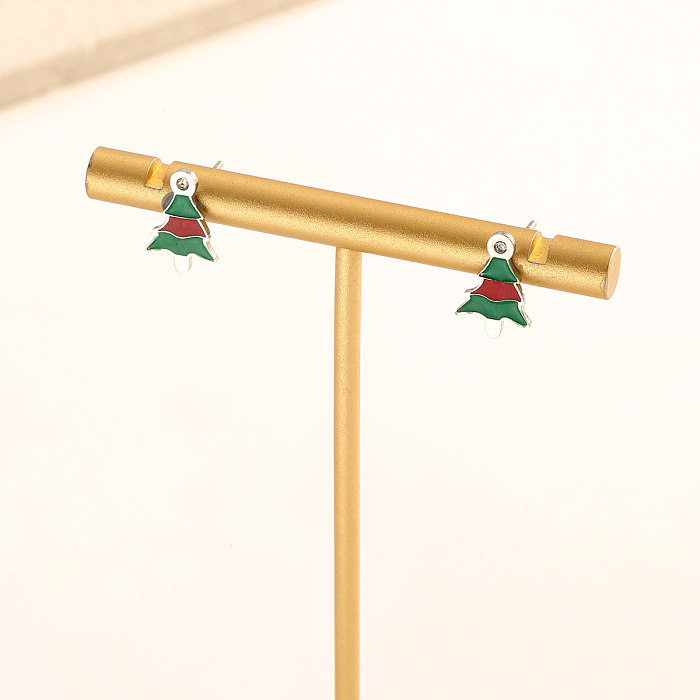 1 par de brincos de orelha de zircônia de aço inoxidável com esmalte de árvore de Natal estilo clássico fofo