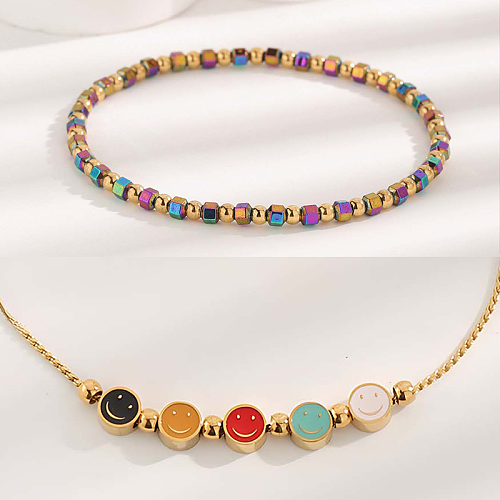 Elegante, niedliche, schlichte, bunte Smiley-Armbänder aus Titanstahl mit Perlenbeschichtung und vergoldeter Oberfläche
