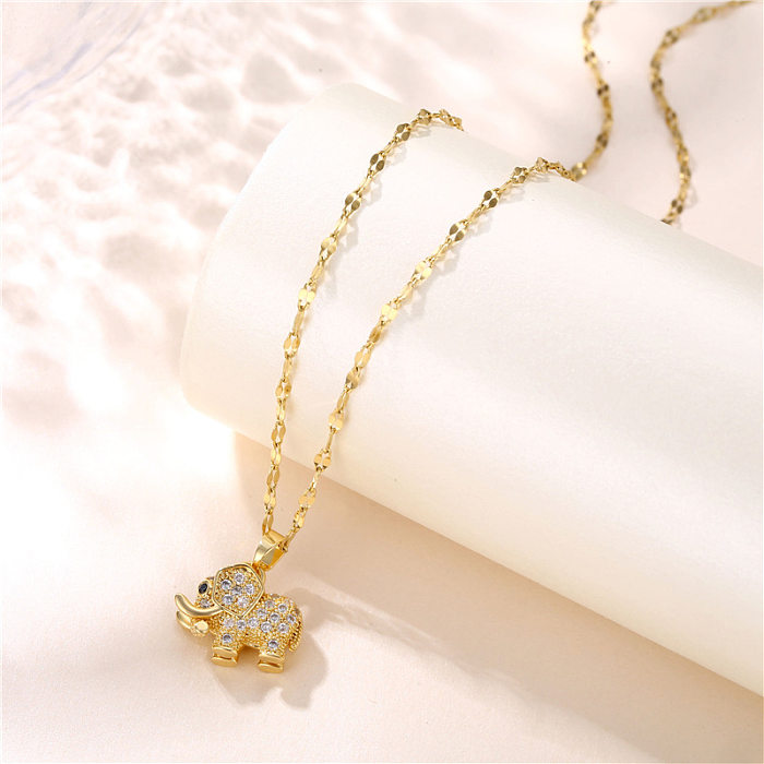 Casual Elephant Stainless Steel  Plating Inlay Opal Zircon 18K Gold Plated Pendant Necklace