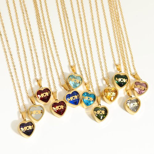 1 Piece MAMA Simple Style Heart Shape Stainless Steel Inlay Birthstone Zircon Pendant Necklace