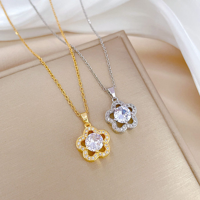 Simple Style Flower Stainless Steel  Copper Inlay Zircon Pendant Necklace