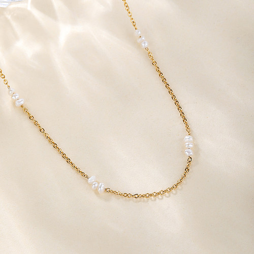 Collier élégant plaqué or 18 carats avec perles d'eau douce en acier inoxydable de couleur unie