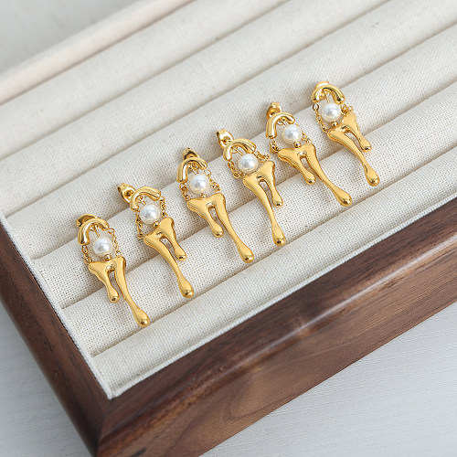 1 par de elegantes pendientes de gota chapados en oro de 18K con incrustaciones de gotas de agua de estilo barroco, perlas artificiales de acero inoxidable