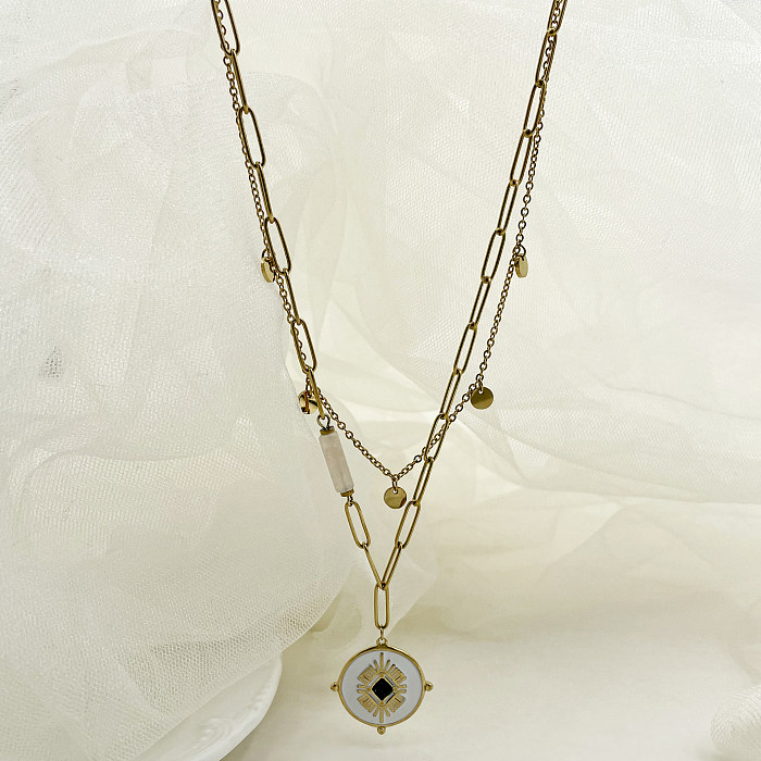 Urlaubs-Halsketten im modernen Stil, rund, aus Edelstahl, mit Emaille-Beschichtung, Diamant-Intarsien, 14 Karat vergoldet, mehrschichtig