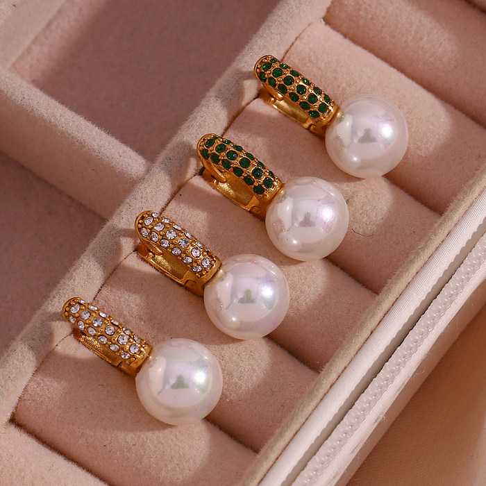 1 Pair French Style Geometric Stainless Steel  Plating Inlay Artificial Pearls Zircon 18K Gold Plated Earrings